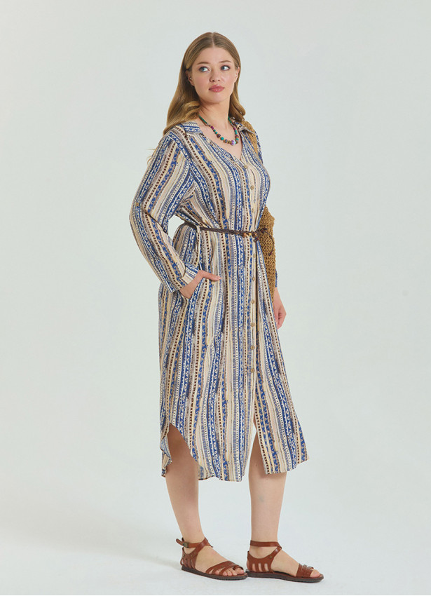 Patterned Shirt Collar Belt Detailed Beige Long Sleeve Plus Size Dress 4611